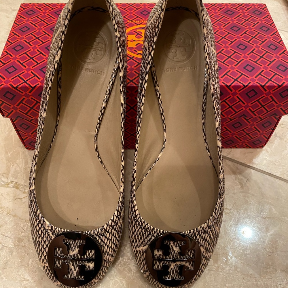 Tory Burch Snake-Print Reva Ballet Flats in Beige and Black